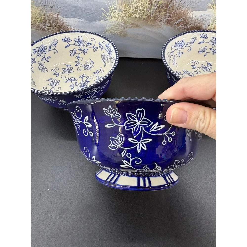 Temp-tations Floral Lace Cobalt Blue White Ceramic Footed Bowls Set of 3 6 inch